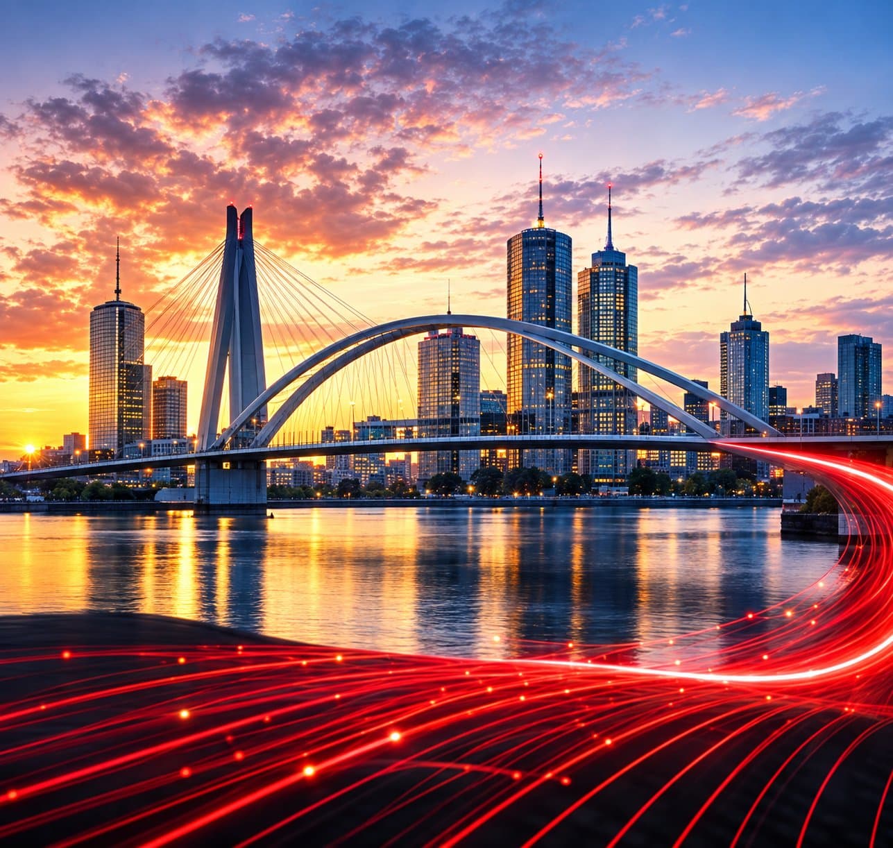 Stadt und Brücke bei Sonnenuntergang, rote Lichtspuren als Bild für Datenflüsse